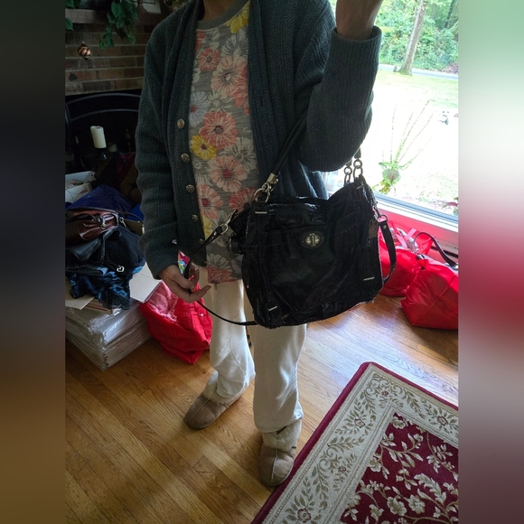 Coach Navy Blue Patent Leather Shoulder Bag with Textured Finish And Silver Acc. - Picture 10 of 10